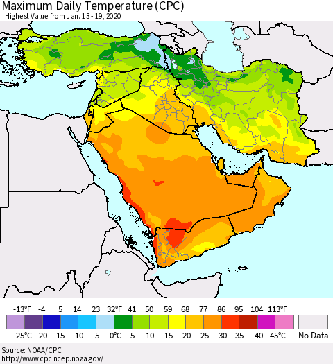 Middle East and Turkey Maximum Daily Temperature (CPC) Thematic Map For 1/13/2020 - 1/19/2020