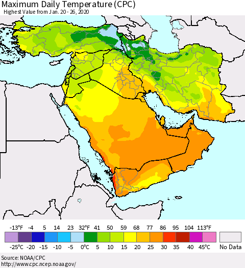 Middle East and Turkey Maximum Daily Temperature (CPC) Thematic Map For 1/20/2020 - 1/26/2020