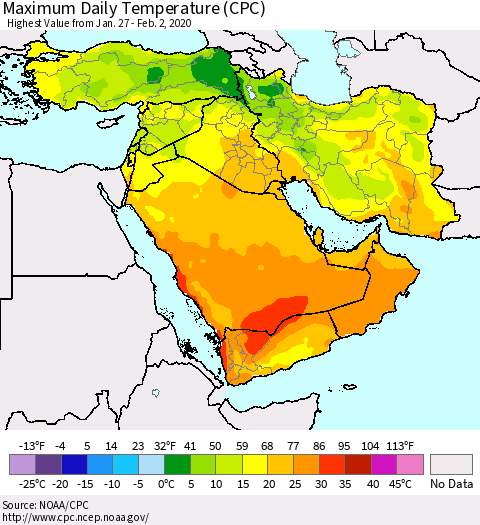 Middle East and Turkey Maximum Daily Temperature (CPC) Thematic Map For 1/27/2020 - 2/2/2020