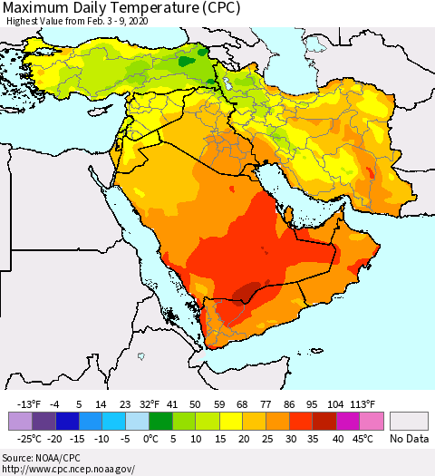 Middle East and Turkey Maximum Daily Temperature (CPC) Thematic Map For 2/3/2020 - 2/9/2020