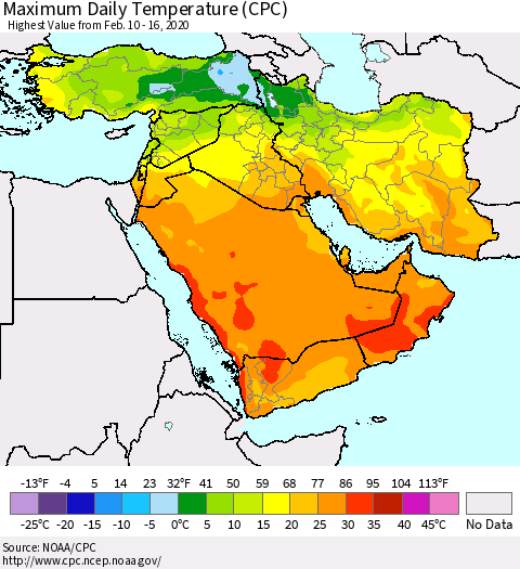 Middle East and Turkey Maximum Daily Temperature (CPC) Thematic Map For 2/10/2020 - 2/16/2020