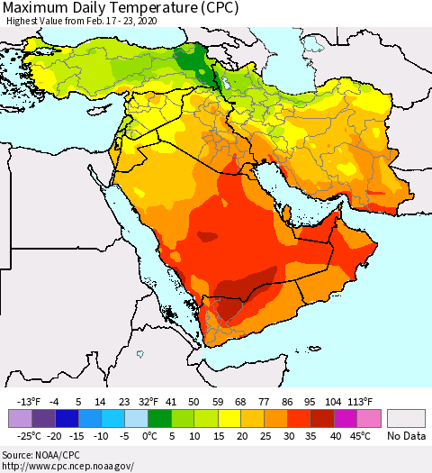 Middle East and Turkey Maximum Daily Temperature (CPC) Thematic Map For 2/17/2020 - 2/23/2020