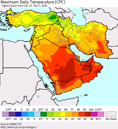 Middle East and Turkey Maximum Daily Temperature (CPC) Thematic Map For 2/24/2020 - 3/1/2020