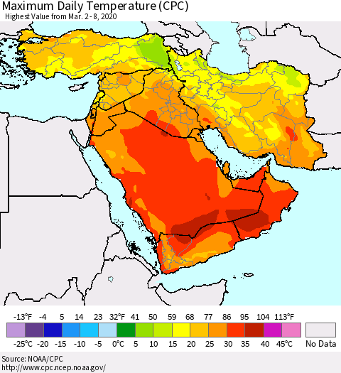 Middle East and Turkey Maximum Daily Temperature (CPC) Thematic Map For 3/2/2020 - 3/8/2020