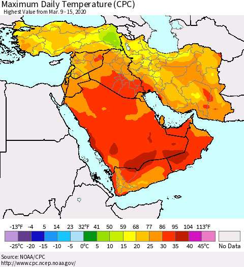 Middle East and Turkey Maximum Daily Temperature (CPC) Thematic Map For 3/9/2020 - 3/15/2020
