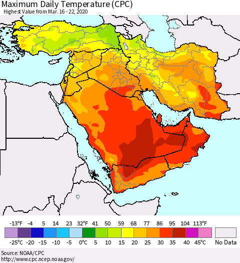 Middle East and Turkey Maximum Daily Temperature (CPC) Thematic Map For 3/16/2020 - 3/22/2020
