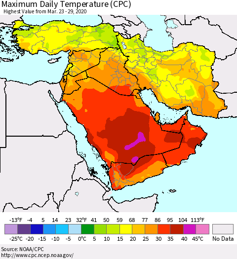 Middle East and Turkey Maximum Daily Temperature (CPC) Thematic Map For 3/23/2020 - 3/29/2020