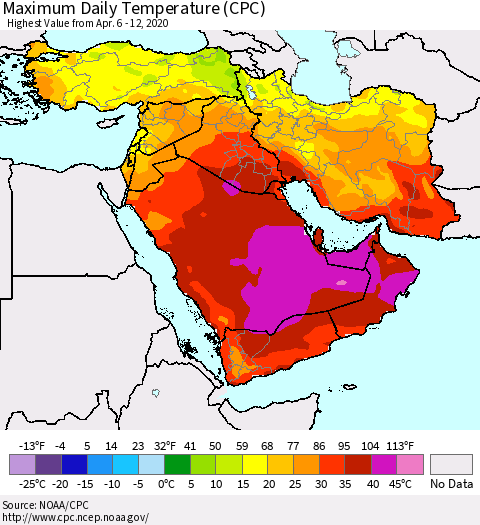 Middle East and Turkey Maximum Daily Temperature (CPC) Thematic Map For 4/6/2020 - 4/12/2020