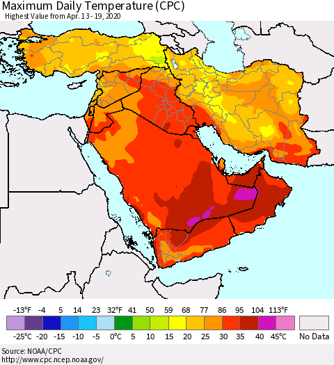 Middle East and Turkey Maximum Daily Temperature (CPC) Thematic Map For 4/13/2020 - 4/19/2020