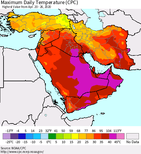 Middle East and Turkey Maximum Daily Temperature (CPC) Thematic Map For 4/20/2020 - 4/26/2020