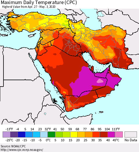 Middle East and Turkey Maximum Daily Temperature (CPC) Thematic Map For 4/27/2020 - 5/3/2020