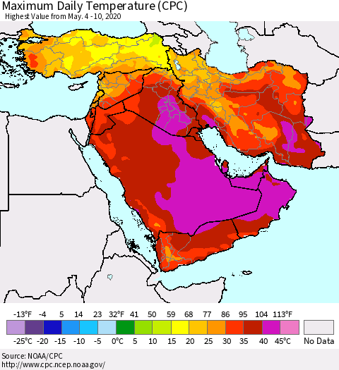 Middle East and Turkey Maximum Daily Temperature (CPC) Thematic Map For 5/4/2020 - 5/10/2020