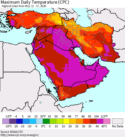 Middle East and Turkey Maximum Daily Temperature (CPC) Thematic Map For 5/11/2020 - 5/17/2020