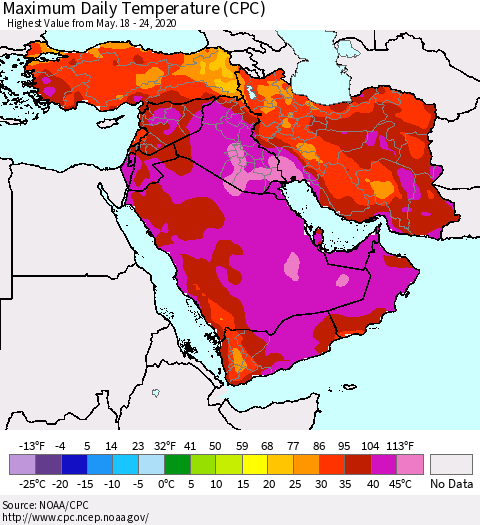 Middle East and Turkey Maximum Daily Temperature (CPC) Thematic Map For 5/18/2020 - 5/24/2020