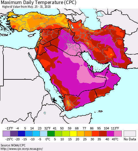 Middle East and Turkey Maximum Daily Temperature (CPC) Thematic Map For 5/25/2020 - 5/31/2020