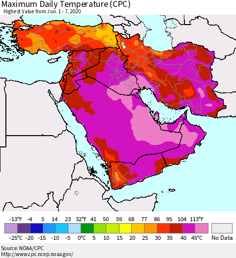 Middle East and Turkey Maximum Daily Temperature (CPC) Thematic Map For 6/1/2020 - 6/7/2020