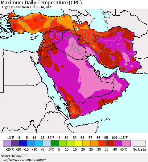 Middle East and Turkey Maximum Daily Temperature (CPC) Thematic Map For 6/8/2020 - 6/14/2020