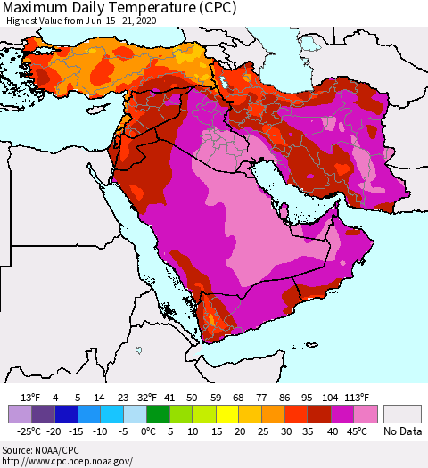 Middle East and Turkey Maximum Daily Temperature (CPC) Thematic Map For 6/15/2020 - 6/21/2020
