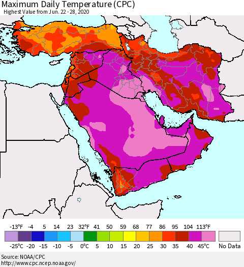 Middle East and Turkey Maximum Daily Temperature (CPC) Thematic Map For 6/22/2020 - 6/28/2020