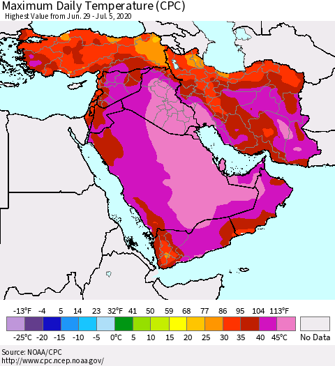 Middle East and Turkey Maximum Daily Temperature (CPC) Thematic Map For 6/29/2020 - 7/5/2020