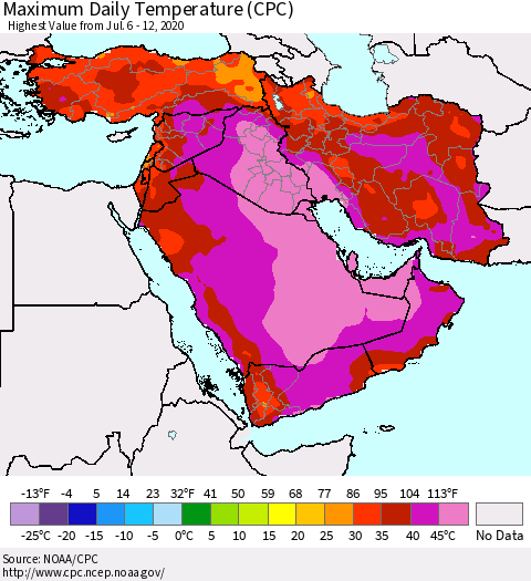 Middle East and Turkey Maximum Daily Temperature (CPC) Thematic Map For 7/6/2020 - 7/12/2020