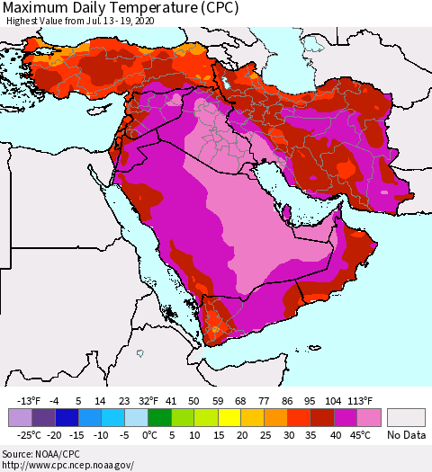 Middle East and Turkey Maximum Daily Temperature (CPC) Thematic Map For 7/13/2020 - 7/19/2020
