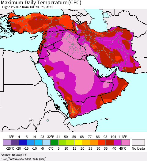 Middle East and Turkey Maximum Daily Temperature (CPC) Thematic Map For 7/20/2020 - 7/26/2020
