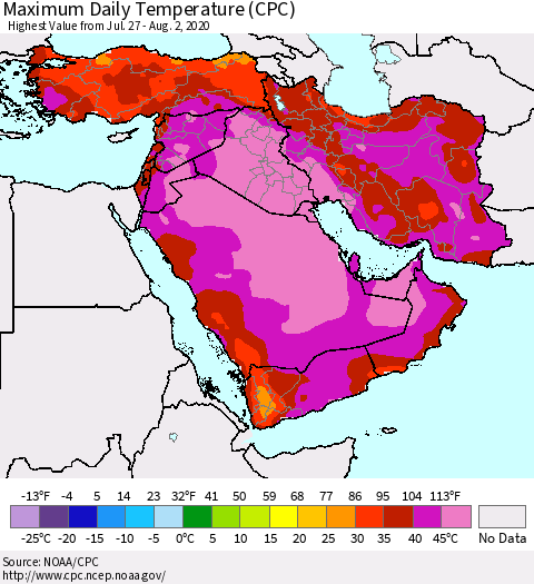 Middle East and Turkey Maximum Daily Temperature (CPC) Thematic Map For 7/27/2020 - 8/2/2020
