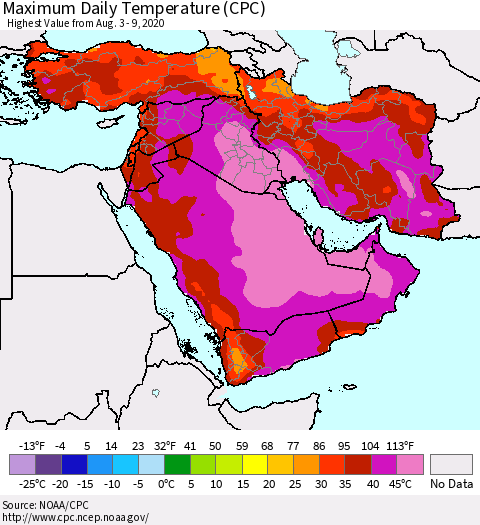 Middle East and Turkey Maximum Daily Temperature (CPC) Thematic Map For 8/3/2020 - 8/9/2020
