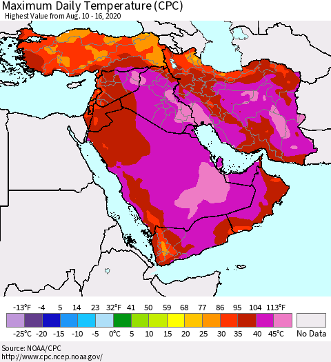 Middle East and Turkey Maximum Daily Temperature (CPC) Thematic Map For 8/10/2020 - 8/16/2020