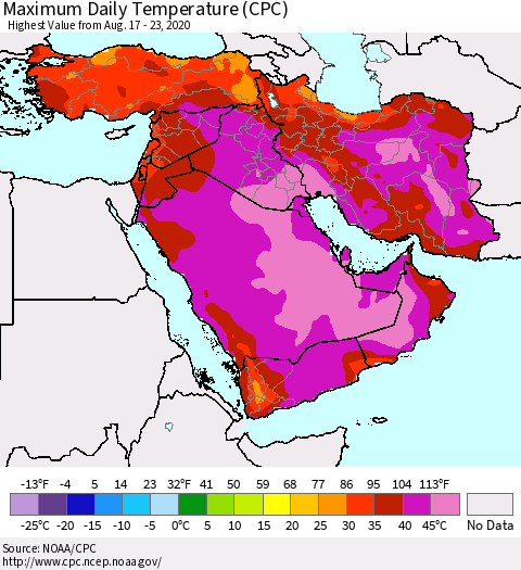 Middle East and Turkey Maximum Daily Temperature (CPC) Thematic Map For 8/17/2020 - 8/23/2020