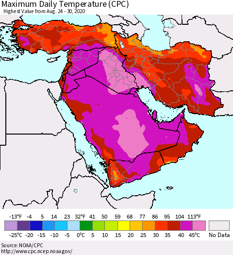 Middle East and Turkey Maximum Daily Temperature (CPC) Thematic Map For 8/24/2020 - 8/30/2020