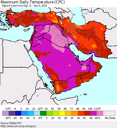 Middle East and Turkey Maximum Daily Temperature (CPC) Thematic Map For 8/31/2020 - 9/6/2020