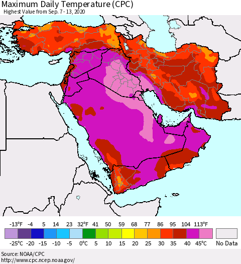 Middle East and Turkey Maximum Daily Temperature (CPC) Thematic Map For 9/7/2020 - 9/13/2020