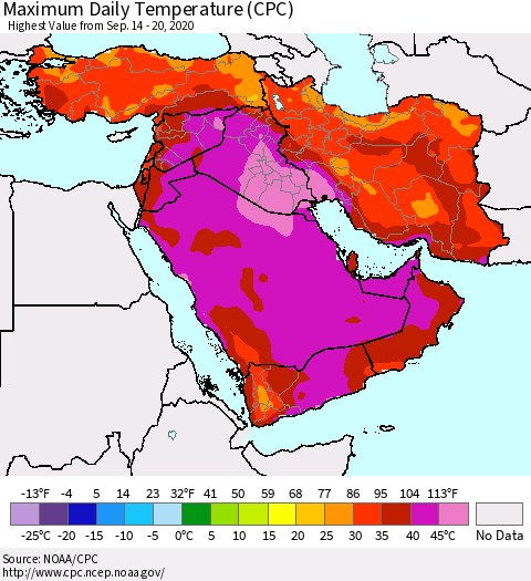 Middle East and Turkey Maximum Daily Temperature (CPC) Thematic Map For 9/14/2020 - 9/20/2020