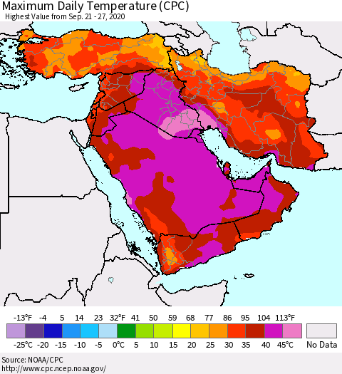 Middle East and Turkey Maximum Daily Temperature (CPC) Thematic Map For 9/21/2020 - 9/27/2020