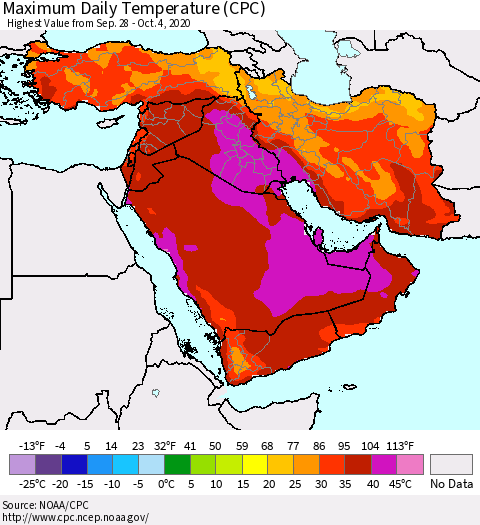 Middle East and Turkey Maximum Daily Temperature (CPC) Thematic Map For 9/28/2020 - 10/4/2020