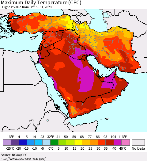 Middle East and Turkey Maximum Daily Temperature (CPC) Thematic Map For 10/5/2020 - 10/11/2020