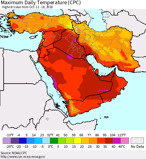Middle East and Turkey Maximum Daily Temperature (CPC) Thematic Map For 10/12/2020 - 10/18/2020