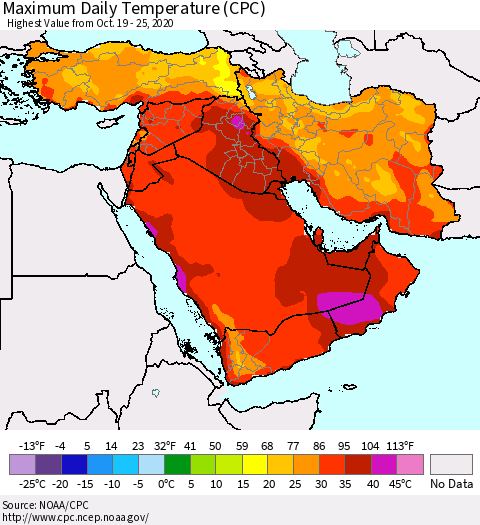 Middle East and Turkey Maximum Daily Temperature (CPC) Thematic Map For 10/19/2020 - 10/25/2020