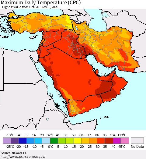 Middle East and Turkey Maximum Daily Temperature (CPC) Thematic Map For 10/26/2020 - 11/1/2020