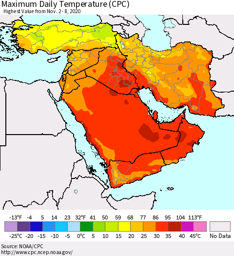Middle East and Turkey Maximum Daily Temperature (CPC) Thematic Map For 11/2/2020 - 11/8/2020