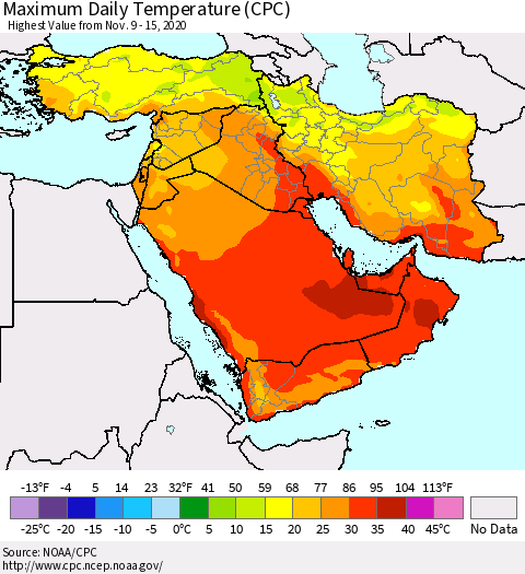 Middle East and Turkey Maximum Daily Temperature (CPC) Thematic Map For 11/9/2020 - 11/15/2020