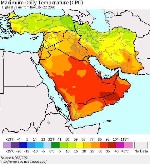 Middle East and Turkey Maximum Daily Temperature (CPC) Thematic Map For 11/16/2020 - 11/22/2020