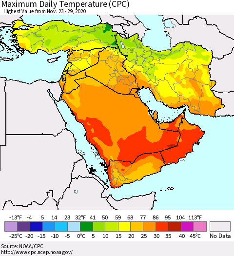 Middle East and Turkey Maximum Daily Temperature (CPC) Thematic Map For 11/23/2020 - 11/29/2020