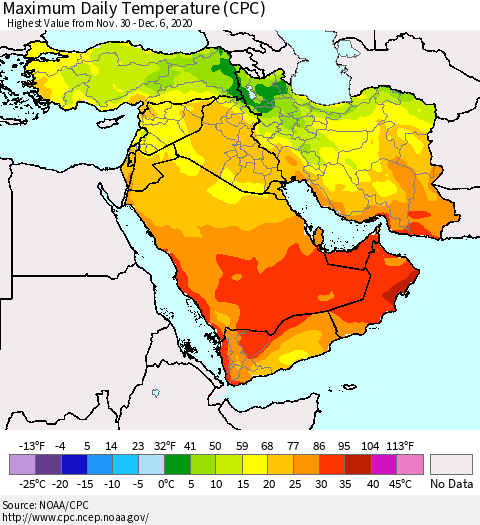 Middle East and Turkey Maximum Daily Temperature (CPC) Thematic Map For 11/30/2020 - 12/6/2020