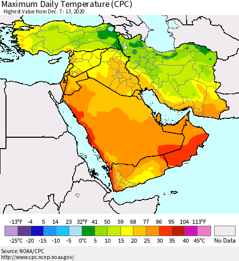 Middle East and Turkey Maximum Daily Temperature (CPC) Thematic Map For 12/7/2020 - 12/13/2020