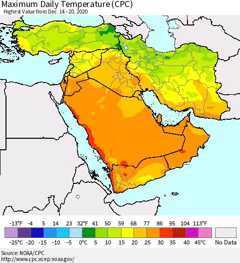 Middle East and Turkey Maximum Daily Temperature (CPC) Thematic Map For 12/14/2020 - 12/20/2020