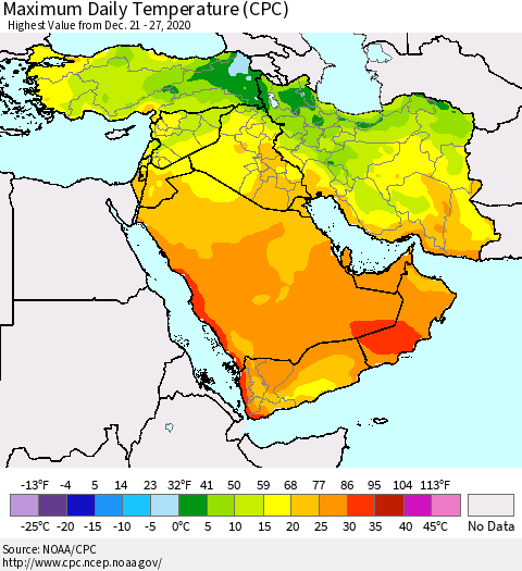 Middle East and Turkey Maximum Daily Temperature (CPC) Thematic Map For 12/21/2020 - 12/27/2020