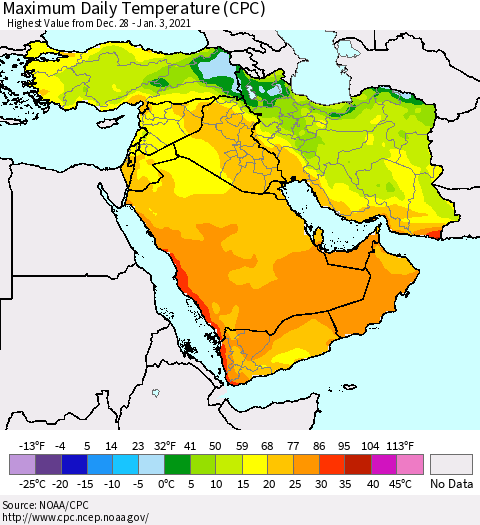 Middle East and Turkey Maximum Daily Temperature (CPC) Thematic Map For 12/28/2020 - 1/3/2021